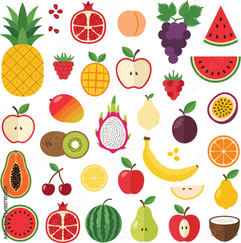 Large collection of colorful tropical and garden fruit icons including pineapple watermelon pomegranate grapes apple banana and dragonfruit vector illustration.