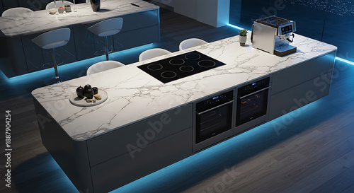 Sleek contemporary kitchen island with white marble countertop featuring integrated high-end appliances and induction cooktop in a luxurious minimalist home.