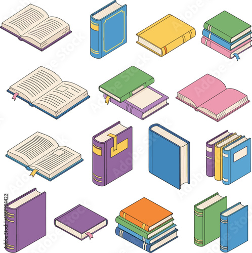 Isometric vector collection of colorful hardcover books and open notebooks featuring bookmarks and stacked reading materials for library or education.