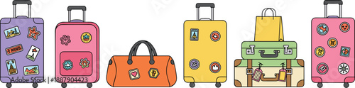 Travel Luggage and Vacation Baggage Set with Colorful Suitcases Duffel Bag and Vintage Trunk for Tourism and Holiday Trip Vector Illustration