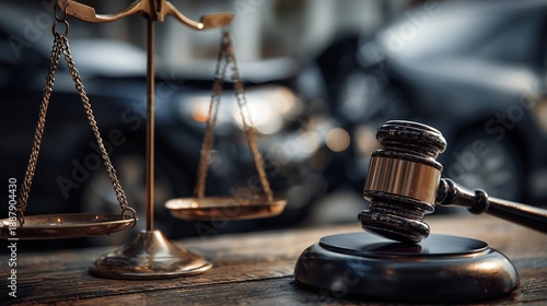 Gavel and scale on desk beside blurred car, symbolizing wrongful death legal action and civil justice after fatal auto accident.