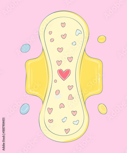 Yellow sanitary napkin with pink hearts for feminine health and period Graphic Asset