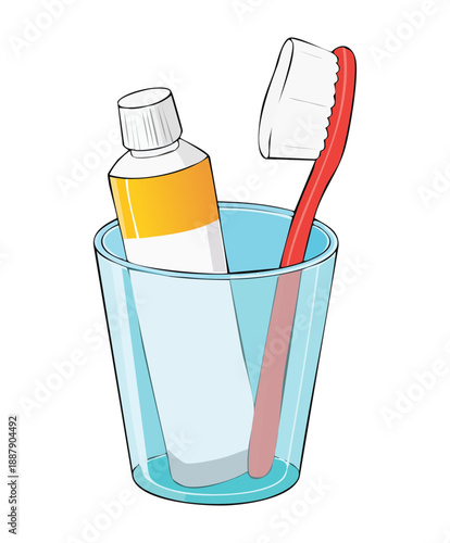 Toothbrush and toothpaste in glass for dental hygiene and daily oral care Graphic Asset