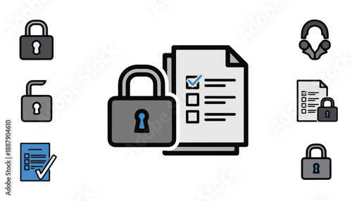 Digital security and data privacy concept with padlocks and document icons representing secure information and compliance.