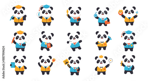Cute Panda Student Set Wearing Graduation Hat and Uniform