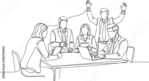 Corporate Business Team Working at Table Vector One Line Drawing for Office Collaboration Professional Meeting and Startup Success Illustration Projects