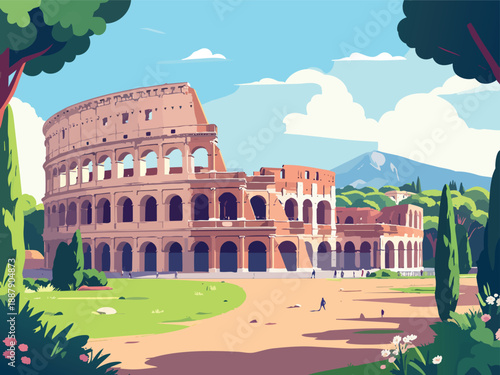 A vibrant, flat design illustration of the Roman Colosseum under a bright blue sky with clouds, surrounded by green trees and a mountain in the distance.