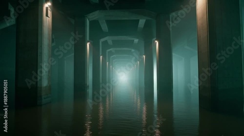 Night Bridge Fog Cinematic riverfront bridge lights in thick fog and water reflections, atmospheric city night scene for cinematic storytelling.