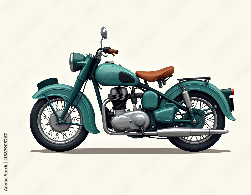 Fototapeta premium Classic vintage teal motorcycle with brown. This retro two-wheeler shows old bike style. Vintage motorbike illustration is perfect for transport themes.