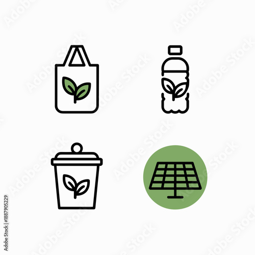 Eco-friendly symbols including tote bag, water bottle, trash can, and solar panel  
