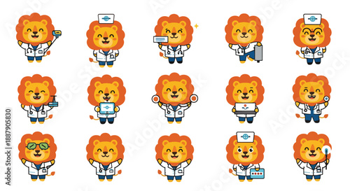 Set of Cartoon Lion Doctor Characters