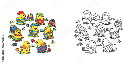 Group of cute cartoon chicks hatching from colorful Easter eggs, vector illustration with black and white coloring page outline.
