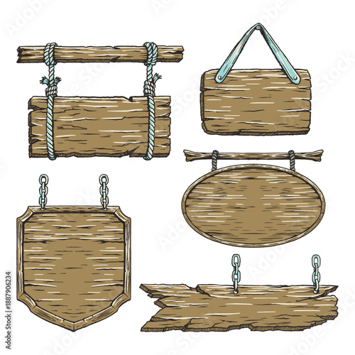 Vintage Western Hanging Wooden Sign Illustration Set