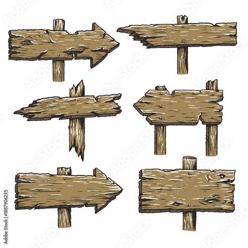 Old West Wooden Direction Signpost Illustration Set