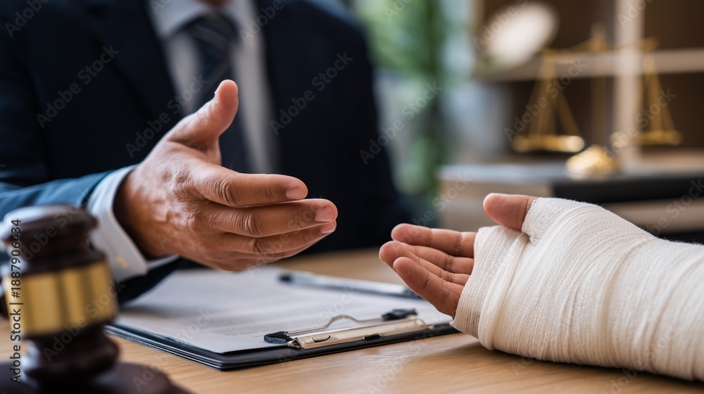 Obraz premium Courtroom consultation between attorney and injured client with casted hand, gavel and legal document, symbolizing personal injury lawsuit and claim negotiation.