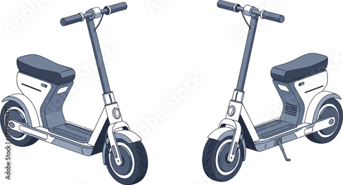 Modern electric kick scooter with seat vector illustration isolated on white background for urban transportation and eco friendly personal mobility design