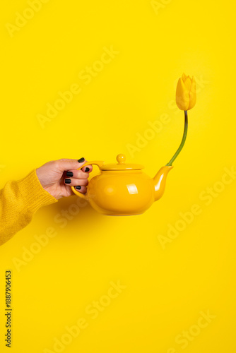 Hand holding a yellow teapot with a yellow tulip emerging from the spout against a vibrant yellow background. Minimalist composition, creative concept.
