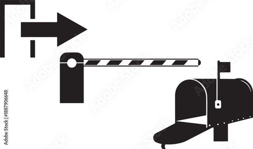 Black and white illustration of a user interface barrier gate and mailbox