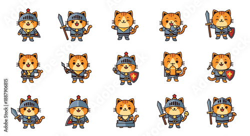 Cartoon Cat Knights in Various Poses