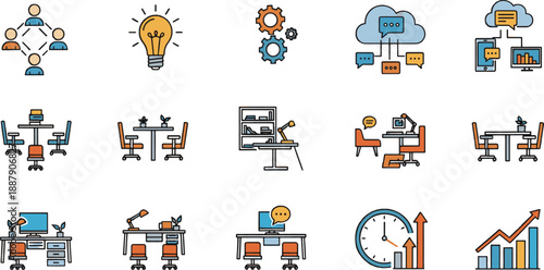Business and office workflow icon set featuring teamwork creative ideas management and workspace elements for professional corporate design