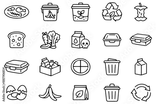 Garbage and Waste Line Icons Set. Trash Sorting, Recycling, and Disposal