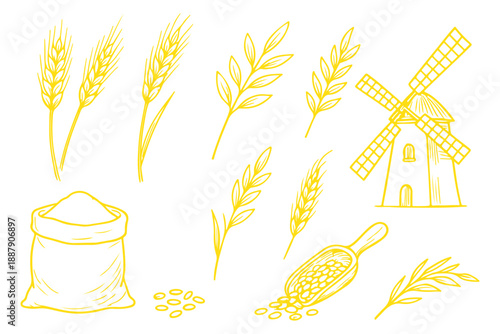 Minimal wheat grain icon set, Black cereal plant silhouette vector illustration