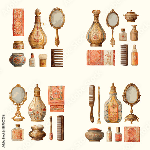 Vintage vanity decor illustration with perfume bottles mirrors vases books and ornate accessories. Elegant classic dressing table collection arranged on light background.