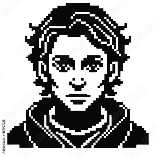 Pixel Art 1-Bit Young Man with Curly Hair Face Portrait Avatar