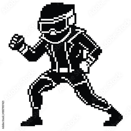 Pixel Art 1-Bit Futuristic Superhero or Secret Agent Action Sprite