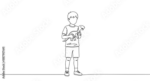 Line drawing of a young boy holding a small dinosaur toy while standing in casual clothing on a transparent background