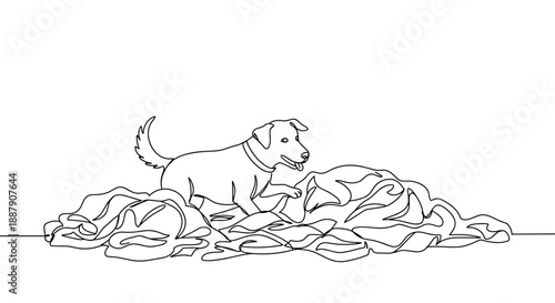 Line drawing of a playful dog digging in a pile of leaves on a transparent background showcasing its joyful expression and playful nature