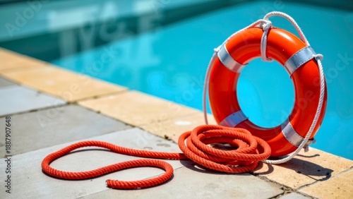 Close up of lifebuoy equipment by the swimming pool