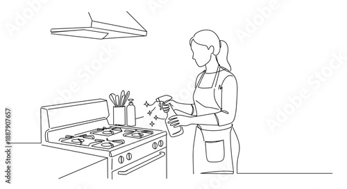 Line drawing of a woman cleaning the kitchen stove while wearing an apron on a transparent background