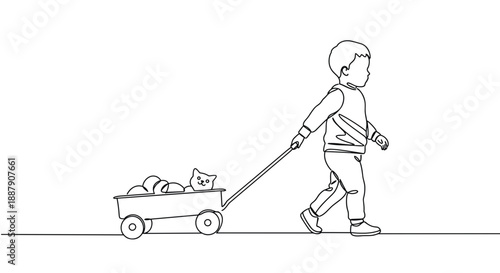 Line drawing of a child pulling a wagon with a cat and toys on a transparent background
