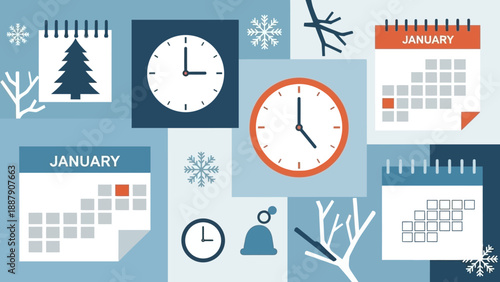 Collection of Clocks and Calendars for January.