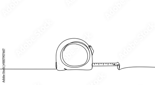 Line drawing of a measuring tape isolated on transparent background showing details of the retractable mechanism and measurement markings clearly.