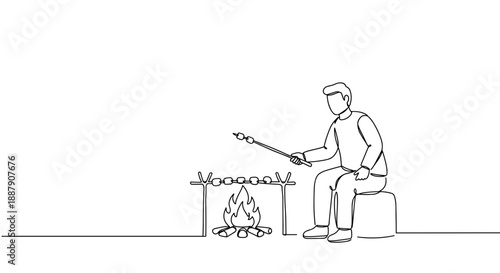 Line drawing of a person sitting by a campfire, enjoying the outdoors at night, isolated on a transparent background