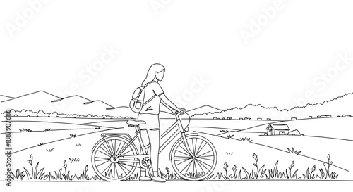 Line drawing of a woman standing beside a bicycle on a scenic landscape with mountains in the background, isolated on a transparent background.