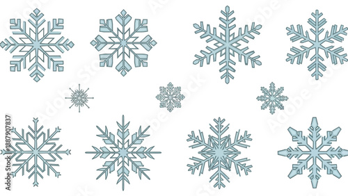 Collection of Various Snowflakes on White Background.