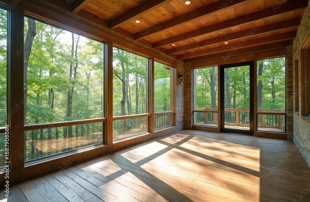 Fototapeta premium Sunlit wood deck room with large windows looking onto rich green forest. Open glass doors reveal balcony with wooden railing. Peaceful nature retreat space.