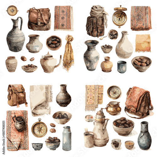 Ancient pottery and artifact illustration with jars tools fabrics and historic objects. Archaeological still life inspired by traditional rural culture.