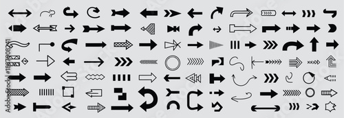 modern arrow icon set with black vector arrows, cursor icon, direction pointers, different arrow signs, right pointing arrow, minimal vector illustration.