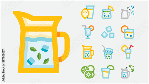 Summer lemonade and refreshing drinks icons set