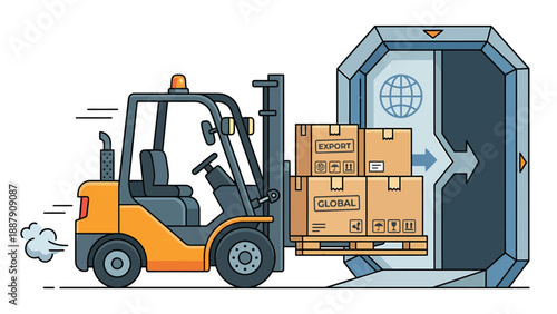 Export logistics: Forklift delivering boxes through a modern global shipping portal