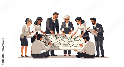 Executive Team Synergistically Developing Q3 Strategy and Complex Business Flowcharts