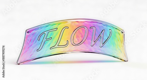 Iridescent glass sign with the word 'FLOW' in black outline, displaying a vibrant rainbow spectrum of colors, symbolizing creativity and smooth progression.