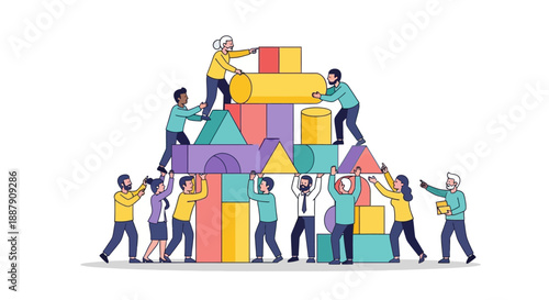 Diverse Corporate Team Collaborating to Construct a Strategic Foundation or System Architecture