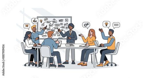 High-Impact Strategic Planning Session: Diverse Professional Team Collaborates on Business Flowchart and Innovation Brainstorming