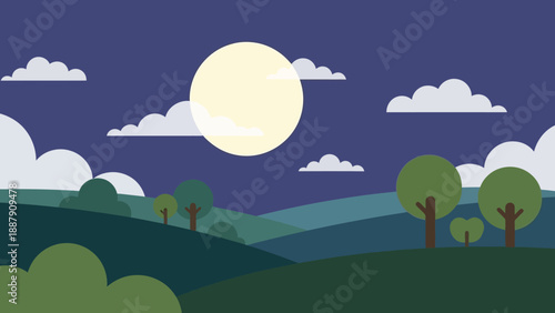 Moon over Landscape with Rolling Hills Trees.