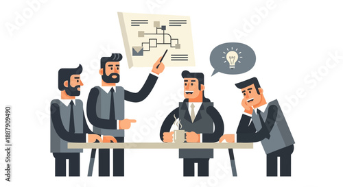Corporate Team Reviews Strategic Roadmap and Business Flow Chart to Generate Breakthrough Ideas and Achieve Consensus in Modern Process Planning